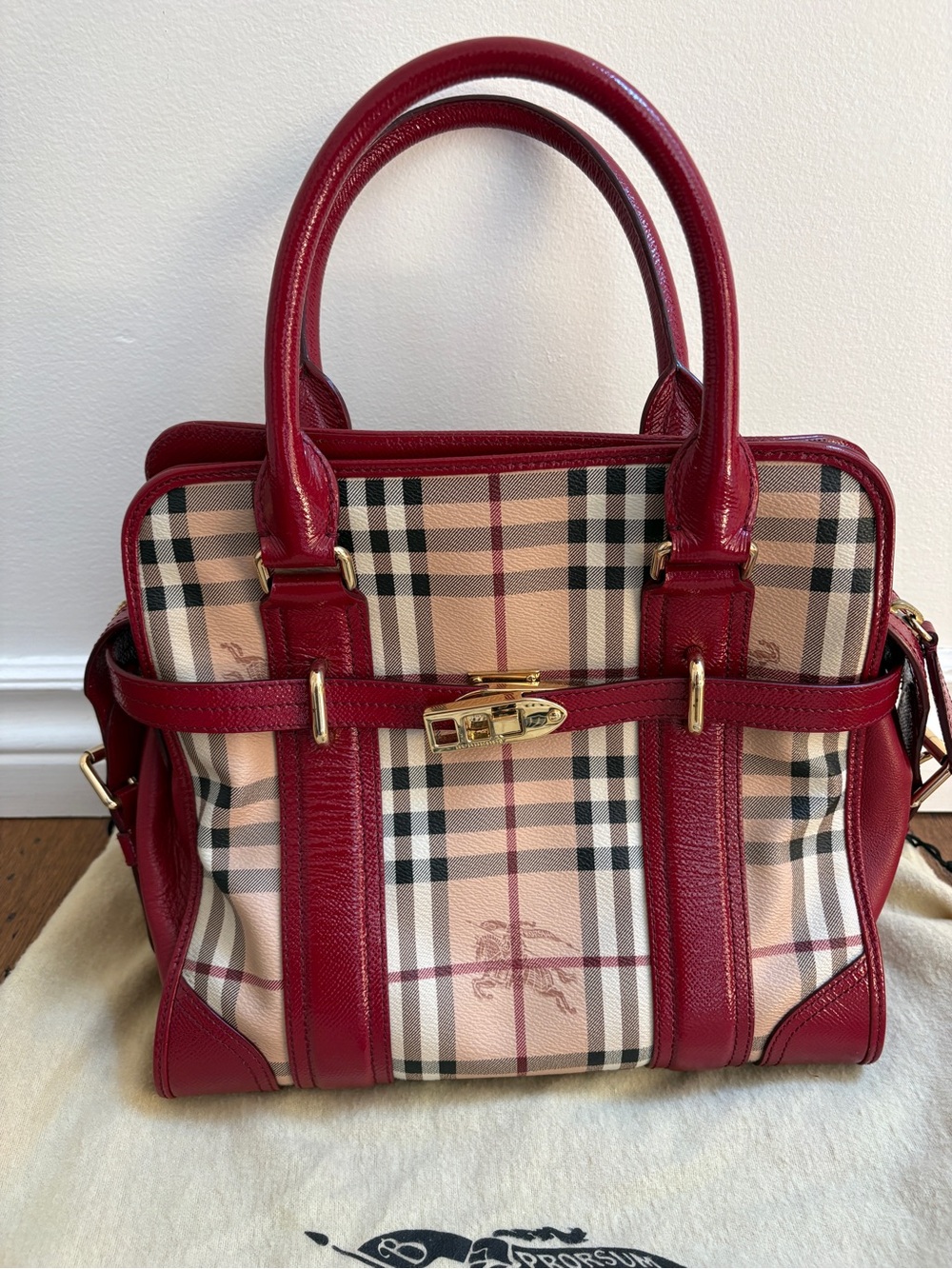 Burberry Authentic Red Plaid Leather-Trim Tote Bag